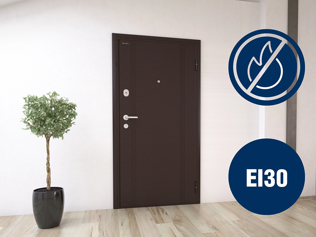 Дополнительно на бытовую дверь «КОМФОРТ» можно установить противопожарную терморасширяющуюся ленту. При воздействии высоких температур наполнитель ленты расширяется, заполняя зазоры и препятствуя проникновению дыма. Предел огнестойкости двери при применении терморасширяющейся ленты, не менее 30 минут (EI30), подтверждено сертификатом соответствия ГОСТ Р 53307-2009.